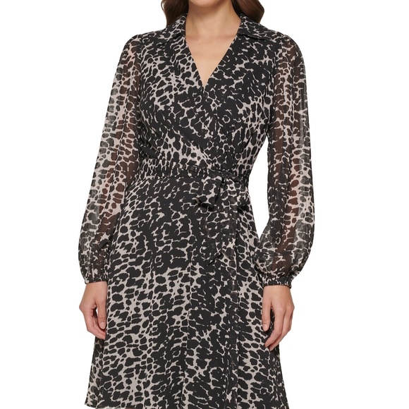 DKNY Faux Wrap Puff Sleeve Animal Print Chiffon Dress - Picture 1 of 8